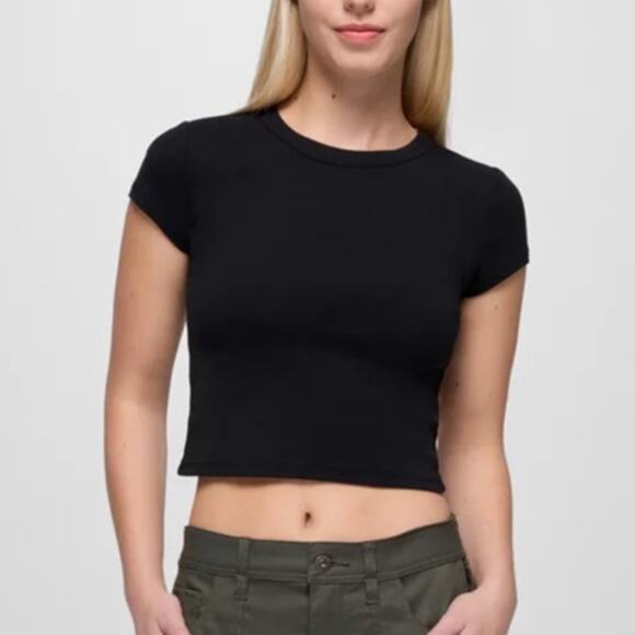 Prana Lotus Short Sleeve Tee Women's M Black Fitted Soft Baby Rib Knit Crewneck - Picture 1 of 8